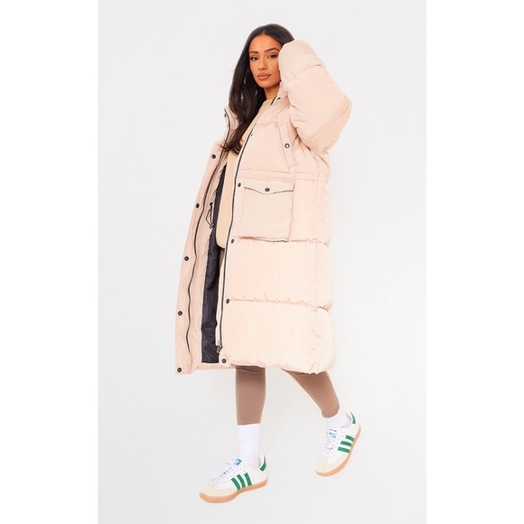 New Small $98 Longline Oversized Puffer Coat 2 Petite Khaki Tan Winter Jacket‎ - Picture 4 of 5